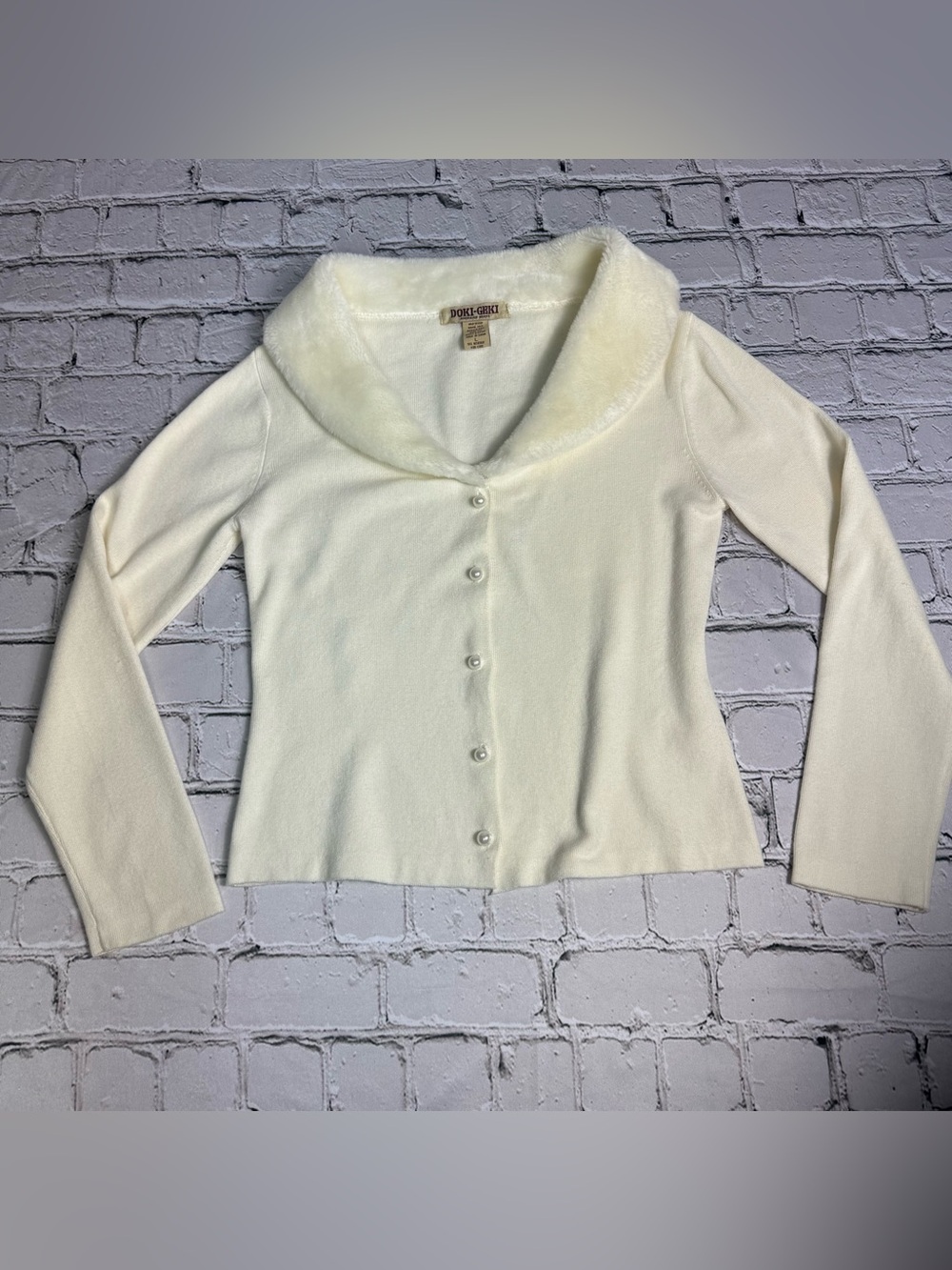 Vtg Y2K Doki Geki Ivory Button Cardigan Faux Fur Collar Winter Coquette Size L